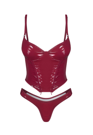 Lakierowany komplet ze sznurowanym gorsetem i stringami