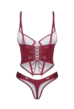 Lakierowany komplet ze sznurowanym gorsetem i stringami