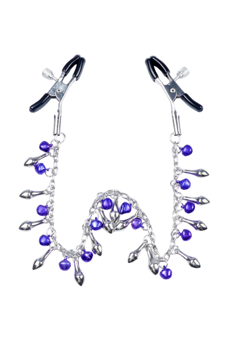 Dekoracyjny łańcuch z zaciskami na sutki, fiołkowe dzwoneczki i ćwieki