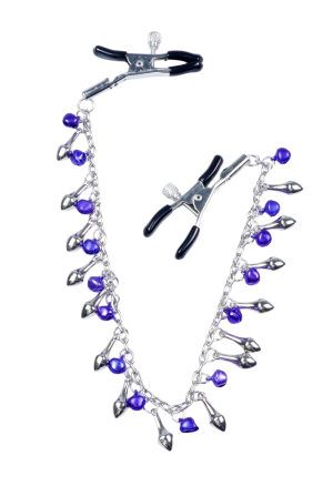 Dekoracyjny łańcuch z zaciskami na sutki, fiołkowe dzwoneczki i ćwieki