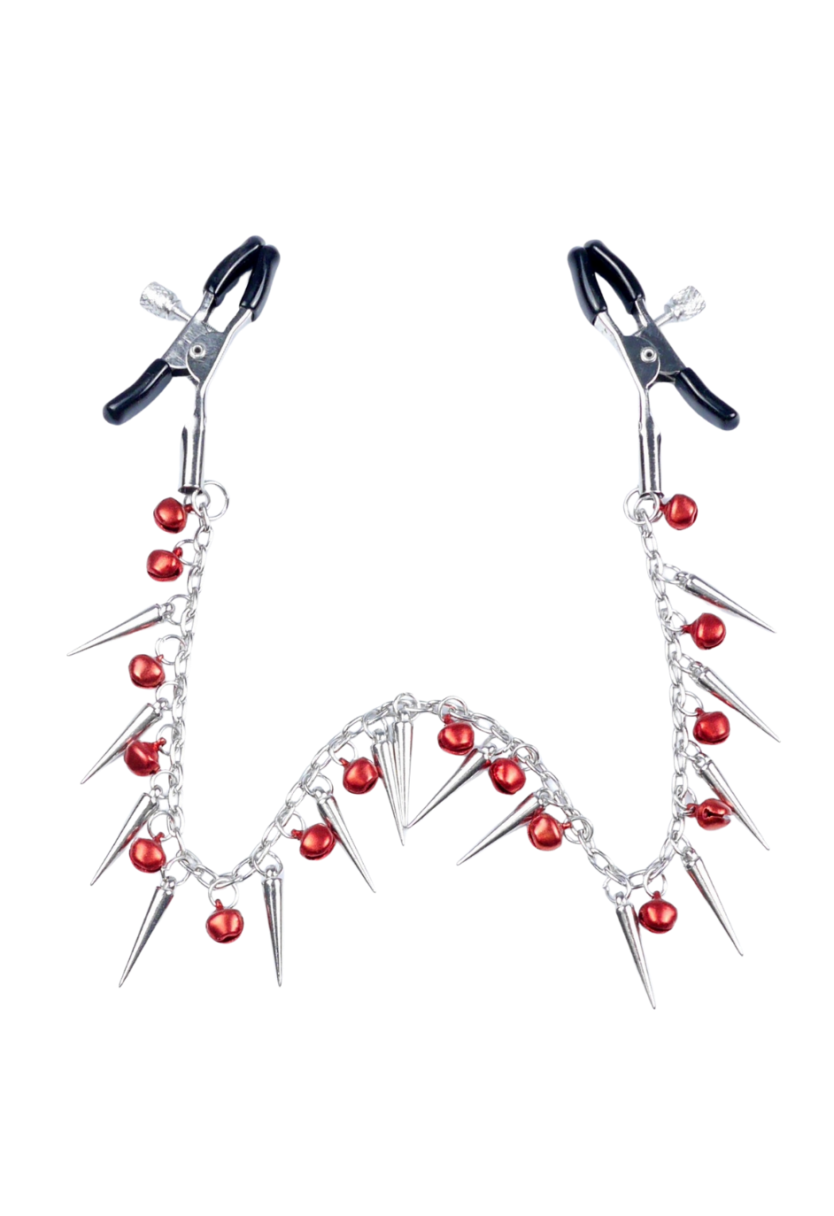 Dekoracyjny łańcuch z zaciskami na sutki, rubinowe dzwoneczki i kolce