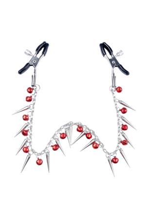 Dekoracyjny łańcuch z zaciskami na sutki, rubinowe dzwoneczki i kolce