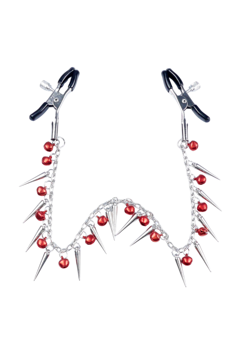 Dekoracyjny łańcuch z zaciskami na sutki, rubinowe dzwoneczki i kolce