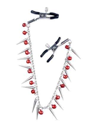Dekoracyjny łańcuch z zaciskami na sutki, rubinowe dzwoneczki i kolce