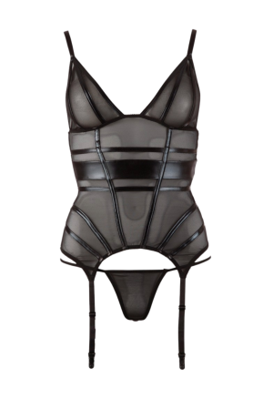 Czarny gorset z siateczki z ozdobnymi paskami