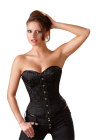 Czarny gorset z połyskującego materiału zdobiony koronką