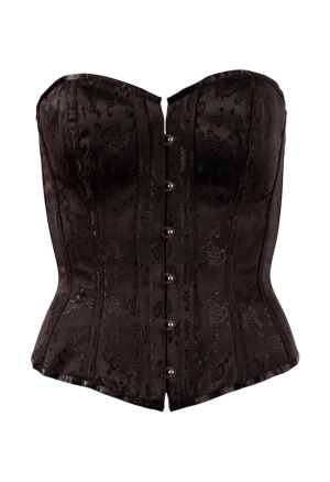 Czarny gorset z połyskującego materiału zdobiony koronką