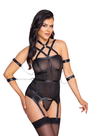 Zmysłowy gorset w stylu bondage z opaskami na ramiona