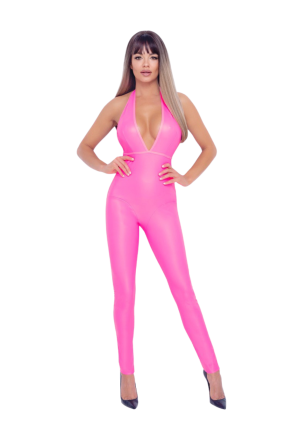 Intrygujący, neonowy kombinezon ze stringami w kolorze różowym