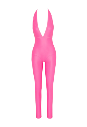 Intrygujący, neonowy kombinezon ze stringami w kolorze różowym