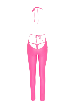 Intrygujący, neonowy kombinezon ze stringami w kolorze różowym