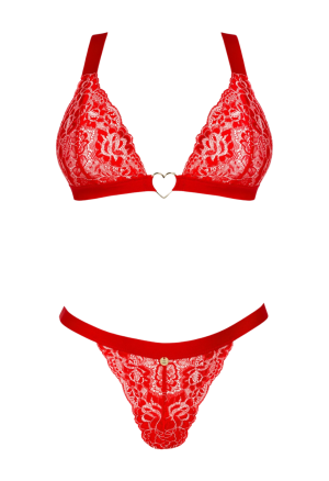 Uroczy komplet czerwonej bielizny z koronki ozdobione sercem na biustonoszu