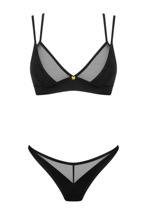 Czarny komplet bielizny z siateczki i miękkiej tkaniny z paseczkami