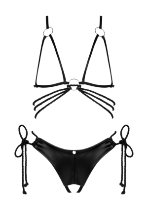 Połyskujący i intrygujący biustonosz z otwartą miseczką wraz ze stringami