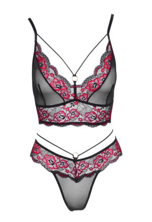 Zalotny komplet bielizny z ozdobnej koronki w czerwone maki