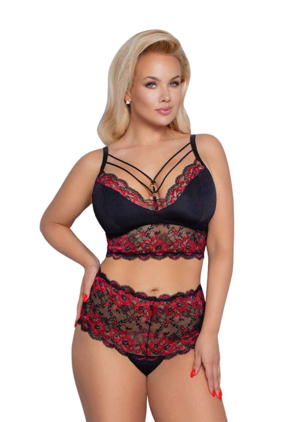 Piękny komplet bielizny z koronką w maki - Plus Size