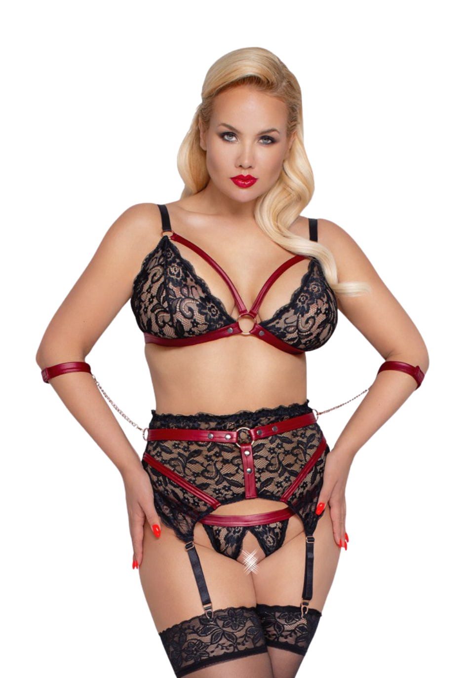 Ekscytujący komplet bielizny z fantazyjnymi, czerwonymi detalami - Plus Size