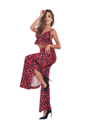 Czarujący, satynowy komplet z biustonoszem oraz szerokimi spodniami w serduszka