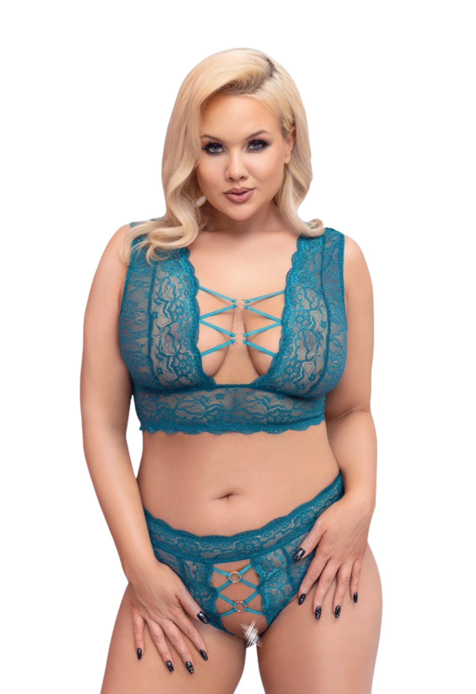 Zmysłowy, koronkowy komplet bielizny w turkusowym kolorze - Plus Size