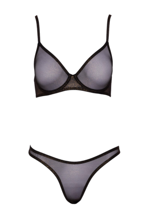 Zmysłowy komplet bielizny z czarnej siateczki ze złotym połyskiem