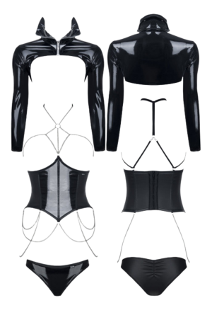 Komplet z błyszczącego materiału: gorset, kurtka i panty rozmiar S