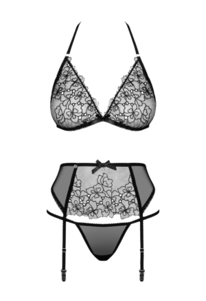 Kuszący, koronkowy komplet z pasem do pończoch