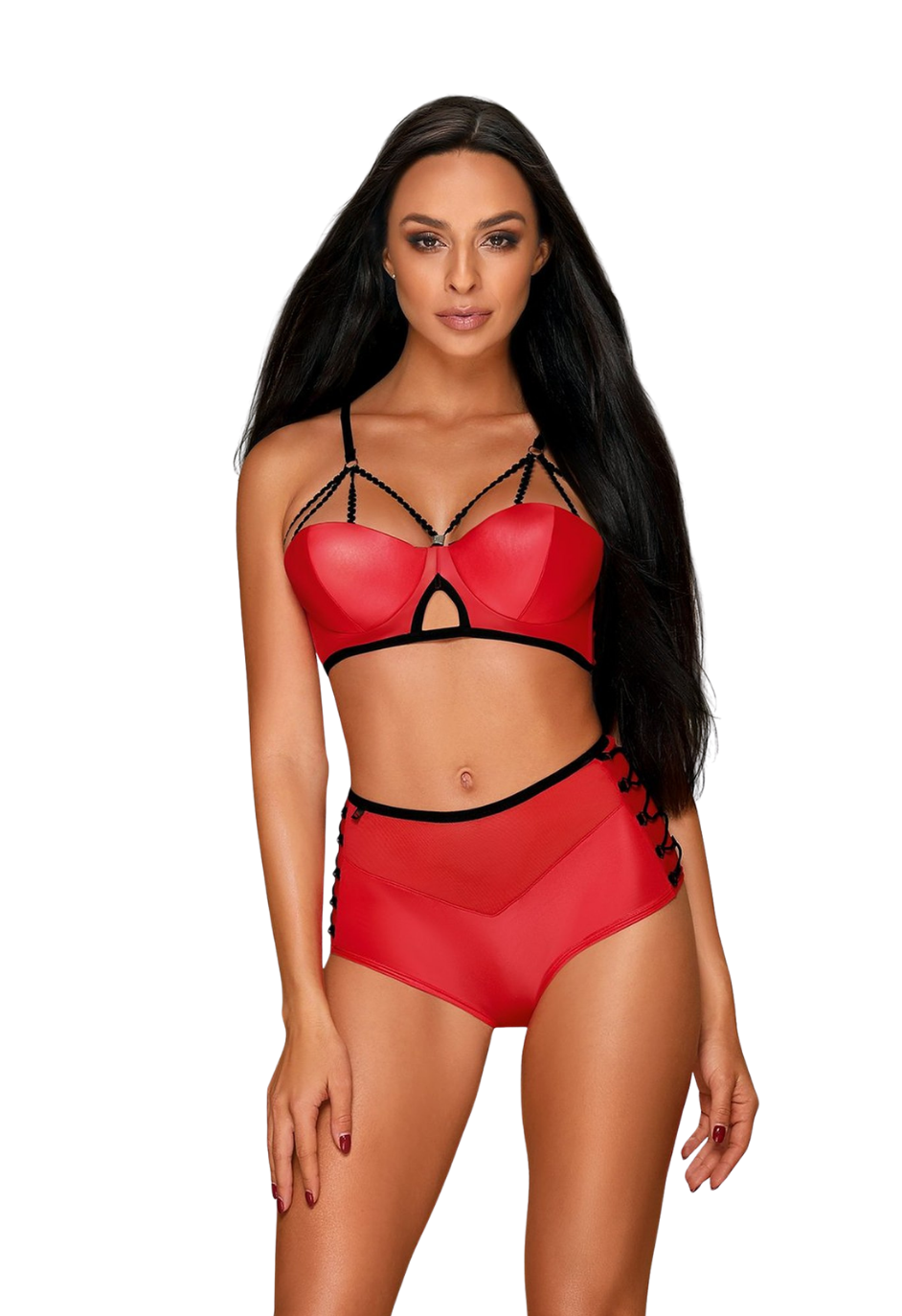 Czerwony komplet wetlook z szortami i biustonoszem