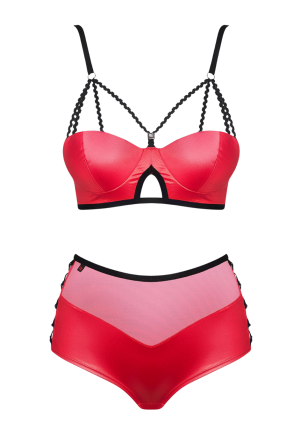 Czerwony komplet wetlook z szortami i biustonoszem