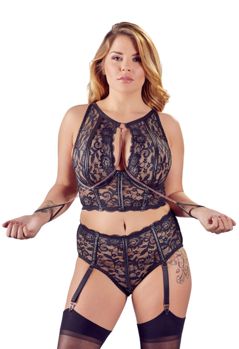 Koronkowy top i wysokie figi z pasem do pończoch i kajdankami