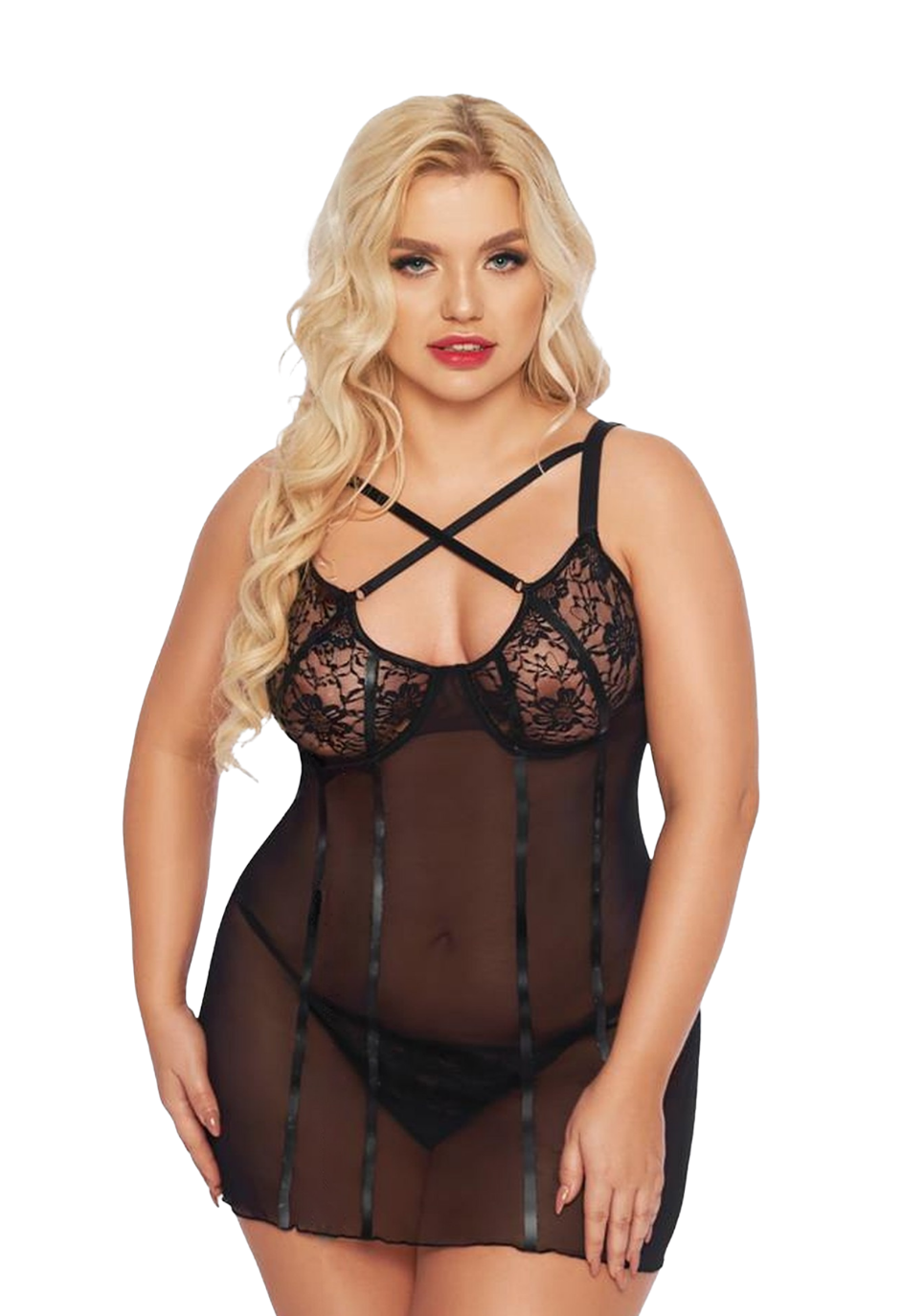 Seksowna koszulka z pionowymi aplikacjami - plus size, czarna