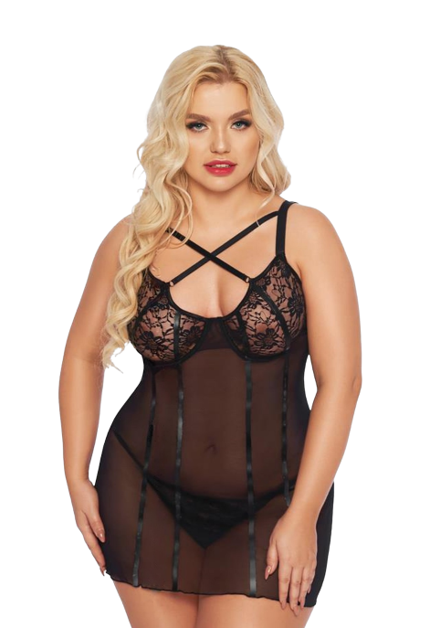 Seksowna koszulka z pionowymi aplikacjami - plus size, czarna