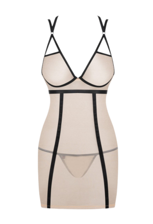 Prześwitująca, beżowa koszulka i stringi z czarną lamówką