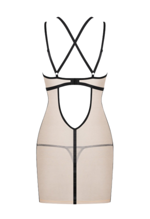 Prześwitująca, beżowa koszulka i stringi z czarną lamówką