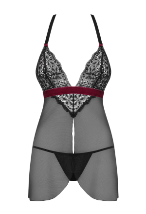 Babydoll i stringi z kontrastującą, welurową tasiemką w kolorze bordo