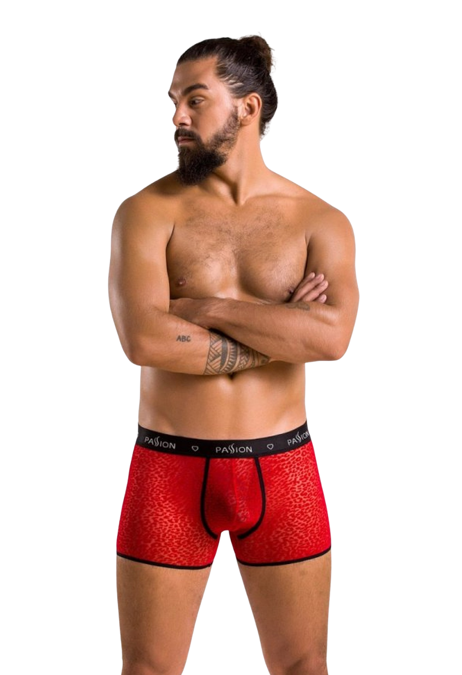 Pociągające, męskie bokserki z prześwitującej tkaniny w cętki w kolorze czerwonym