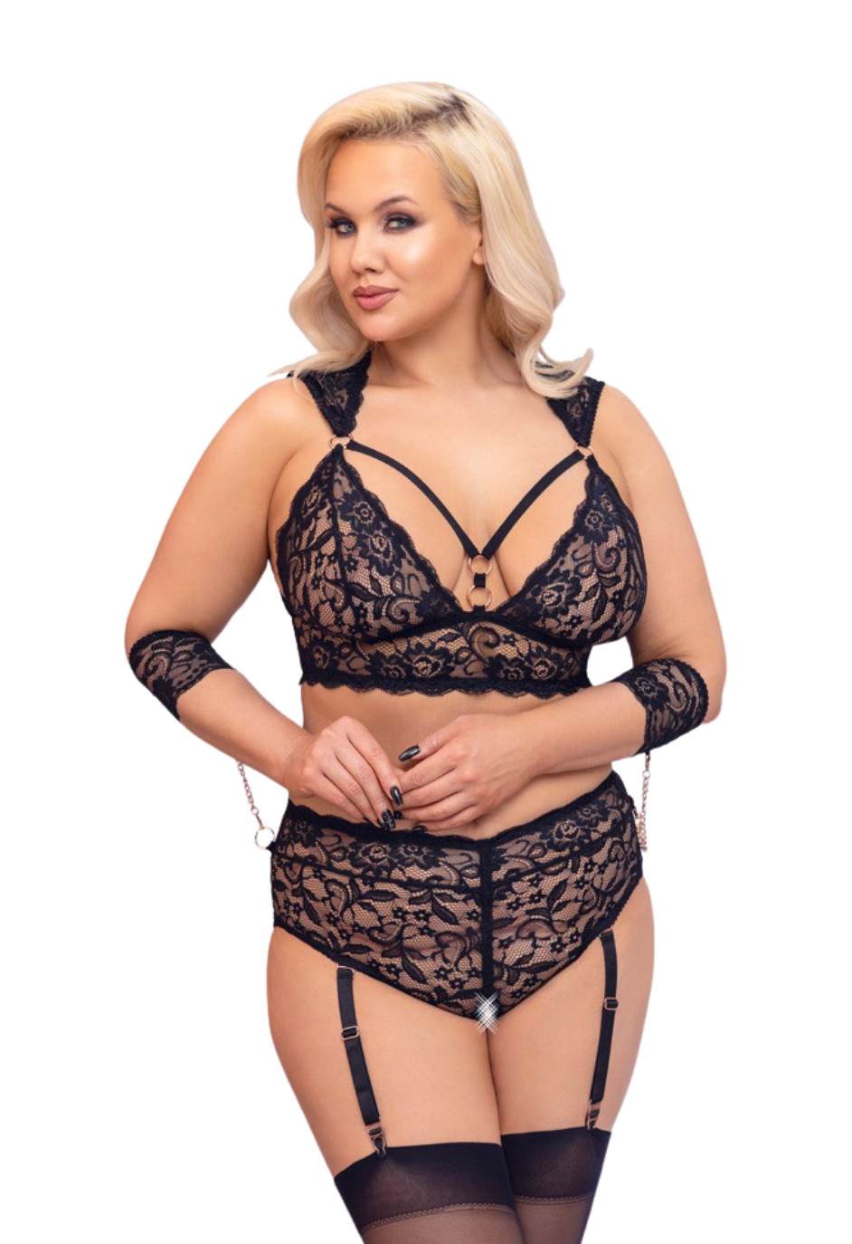 Zniewalający komplet koronkowej bielizny z odsłoniętym krokiem - Plus Size