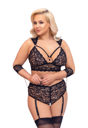 Zniewalający komplet koronkowej bielizny z odsłoniętym krokiem - Plus Size