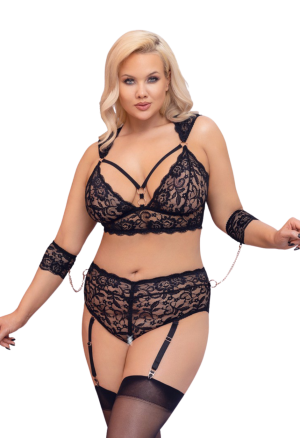 Zniewalający komplet koronkowej bielizny z odsłoniętym krokiem - Plus Size