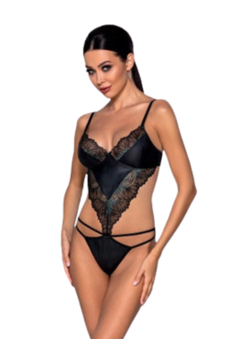 Zmysłowe, zdobione koronką body w kolorze czarnym