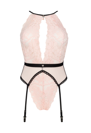 Czarujące body w pięknym kolorze różu wykończone czarnymi wstawkami