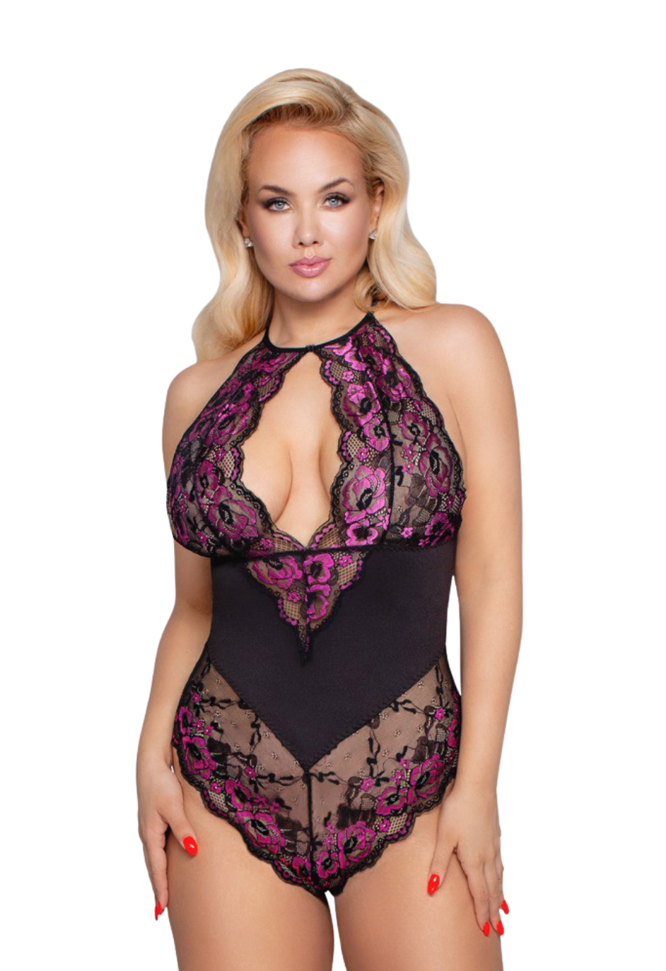 Body z kwiecistą koronką z wycięciem z przodu i tyłu
