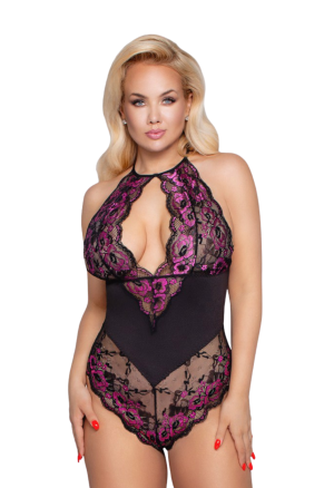 Body z kwiecistą koronką z wycięciem z przodu i tyłu