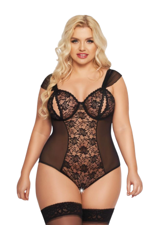 Kuszące body z otwartymi miseczkami - plus size, czarne