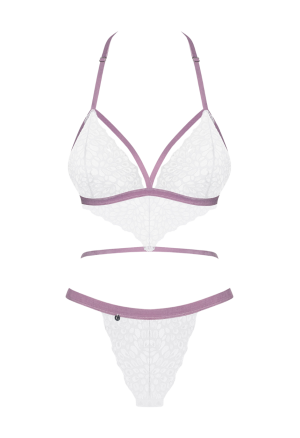 Białe, delikatne, koronkowe body z liliowymi akcentami