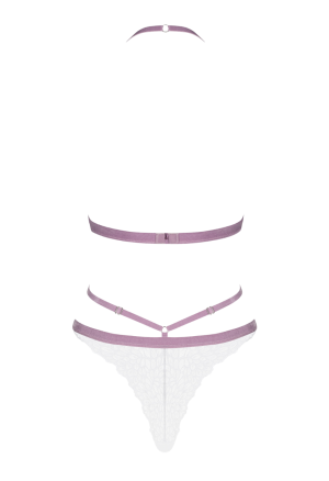 Białe, delikatne, koronkowe body z liliowymi akcentami