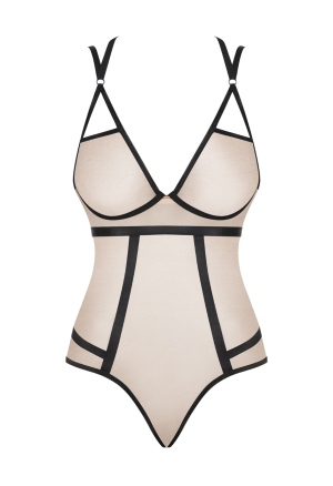 Seksowne, beżowe body z czarną lamówką