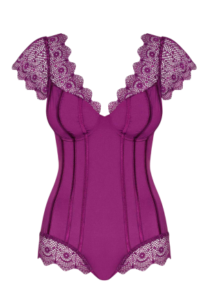 Purpurowe, koronkowe body z gładkiej tkaniny