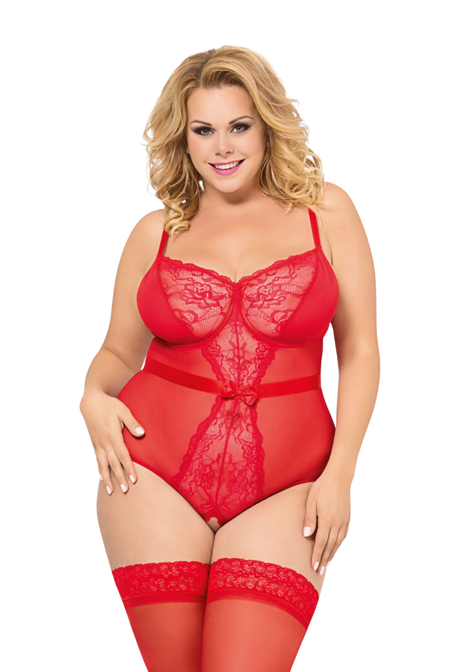 Zmysłowe body z otwartym krokiem - plus size, czerwone