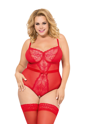 Zmysłowe body z otwartym krokiem - plus size, czerwone