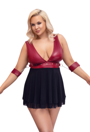 Ponętna, krótka sukienka z czerwoną górą i kajdankami na łańcuszkach - Plus Size